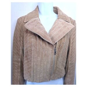 Y2K Bebe Camel Suede Moto Jacket SZ M Tan Textured Stitched Cropped Leather